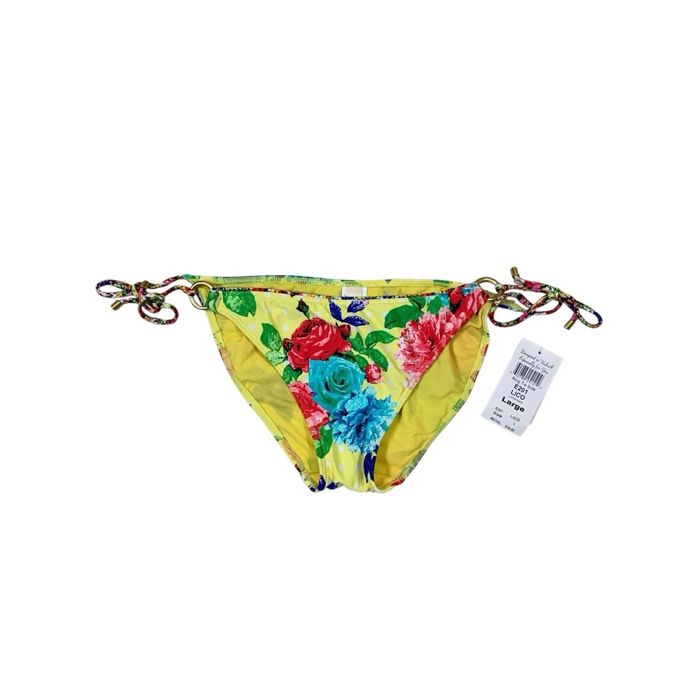 Swim Systems Yellow Floral Side Tie Bikini Bottom Large Tropical Beach Swim NWT